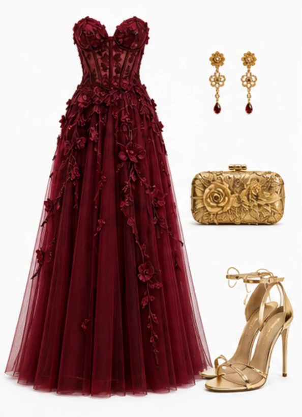 Burgundy Prom Dress A-Line Tulle Long Evening Dress  DP07526