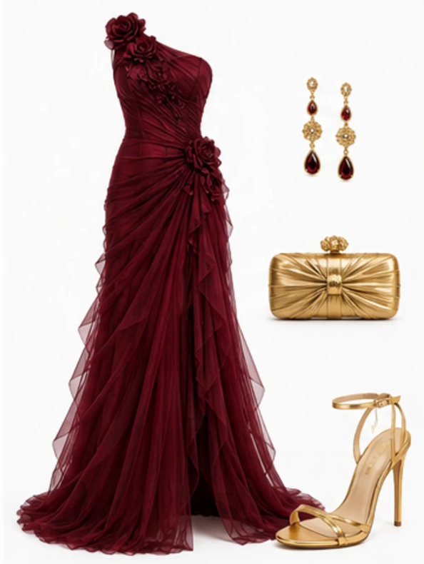 Burgundy Prom Dress Sheath Tulle Long Evening Dress DP07527