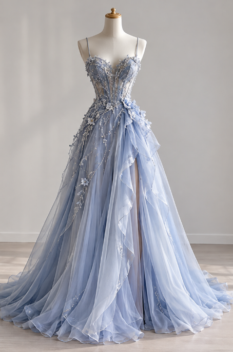 Blue Prom Dress Sheath Tulle Long Evening Dress DP07529