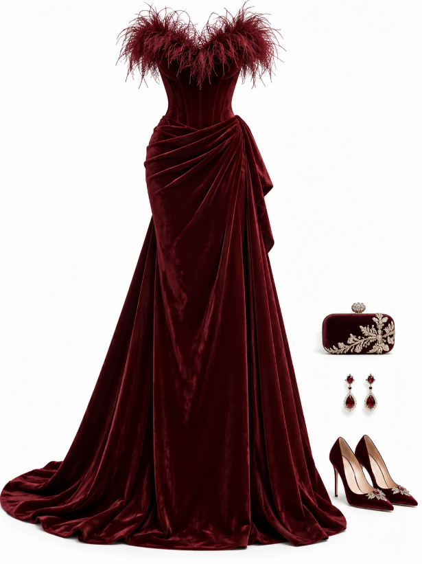 Burgundy Prom Dress A-Line Velvet Long Evening Dress DP07530