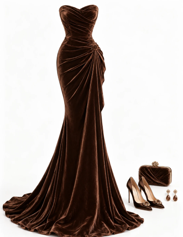 Brown Prom Dress Mermaid Velvet Long Evening Dress DP07534
