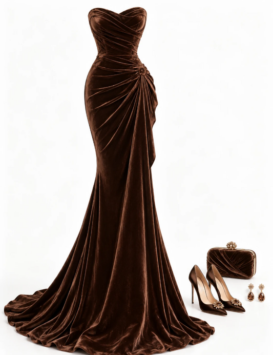 Brown Prom Dress Mermaid Velvet Long Evening Dress DP07534