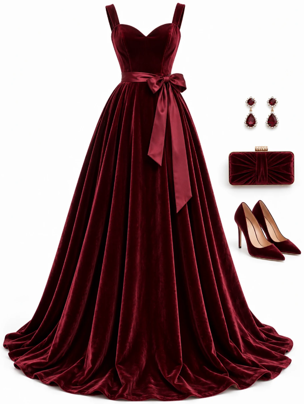 Burgundy Prom Dress A-line Velvet Long Evening Dress DP07535