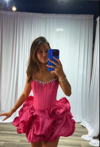 Pretty Hot Pink Short Birthday Dress Sheath Satin Birthday Dress DP07543