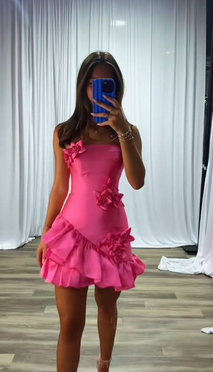 Pretty Hot Pink Short Birthday Dress Sheath Satin Birthday Dress DP07545