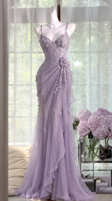 Vintage Lavender Prom Dress Sheath Chiffon Beaded Long Prom Dress DP07558