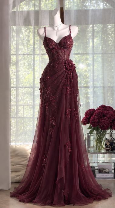 Vintage Burgundy Prom Dress Sheath Chiffon Beaded Long Prom Dress DP07559