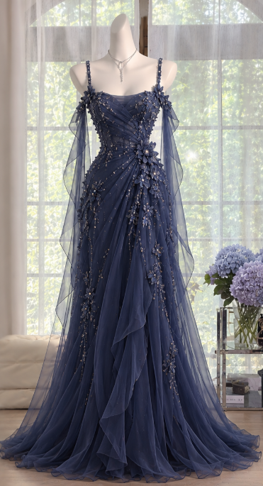 Vintage Navy Blue Prom Dress Sheath Chiffon Beaded Long Prom Dress DP07560