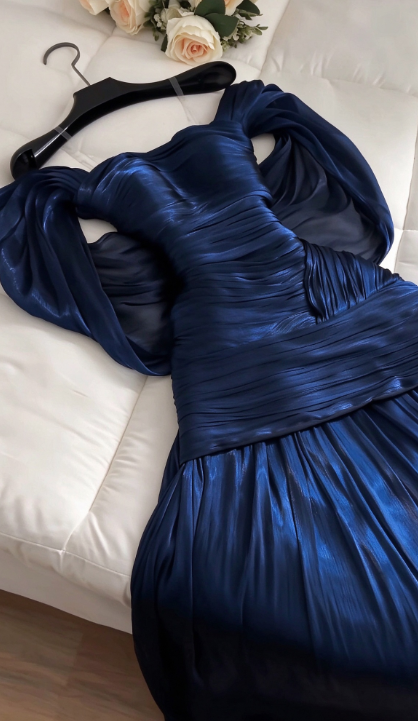 Chic Navy Blue Prom Dress Sheath Satin Long Prom Dress DP07563