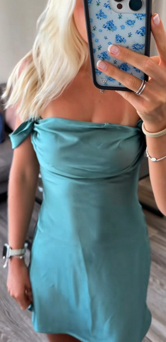 Chic Teal Short Homecoming Dress Sheath Satin Birthday Dress DP07570