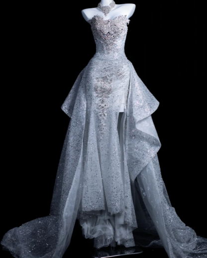 Elegant White Prom Dress Sheath Tulle Long Evening Dress DP07605