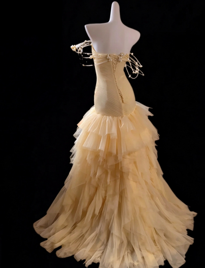 Elegant Yellow Prom Dress Sheath Tulle Long Evening Dress DP07608