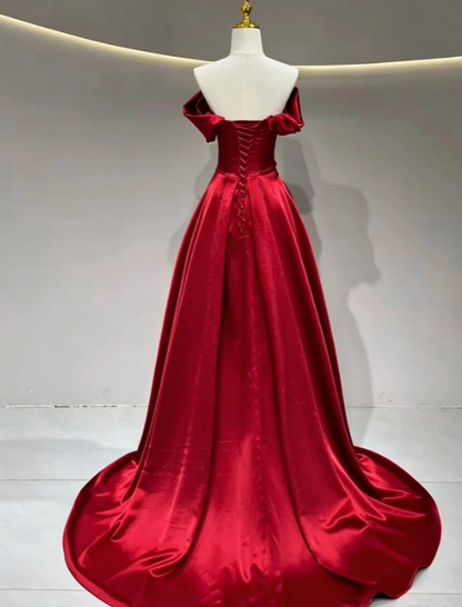 Elegant Burgundy Prom Dress A-Line Satin Long Evening Dress DP07610
