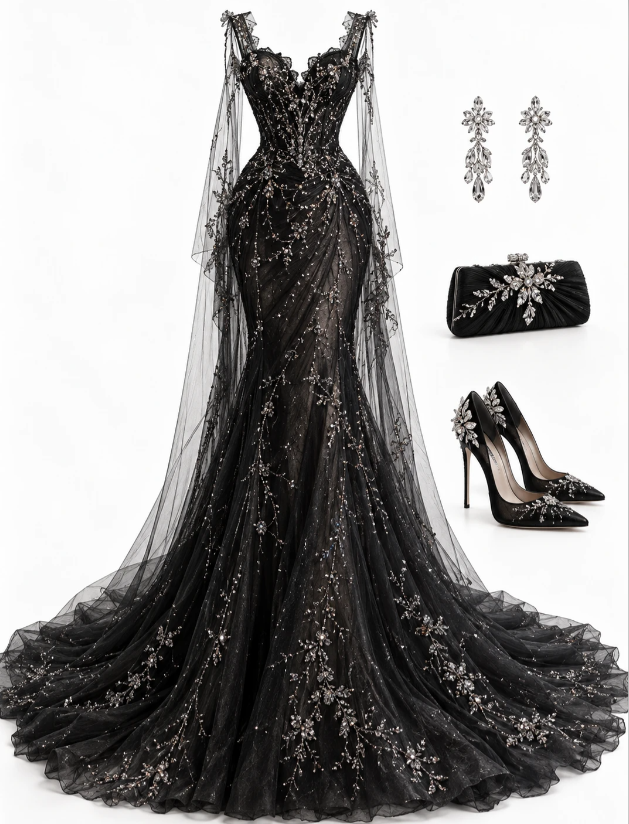 Elegant Black Prom Dress Mermaid Tulle Long Evening Dress DP07612
