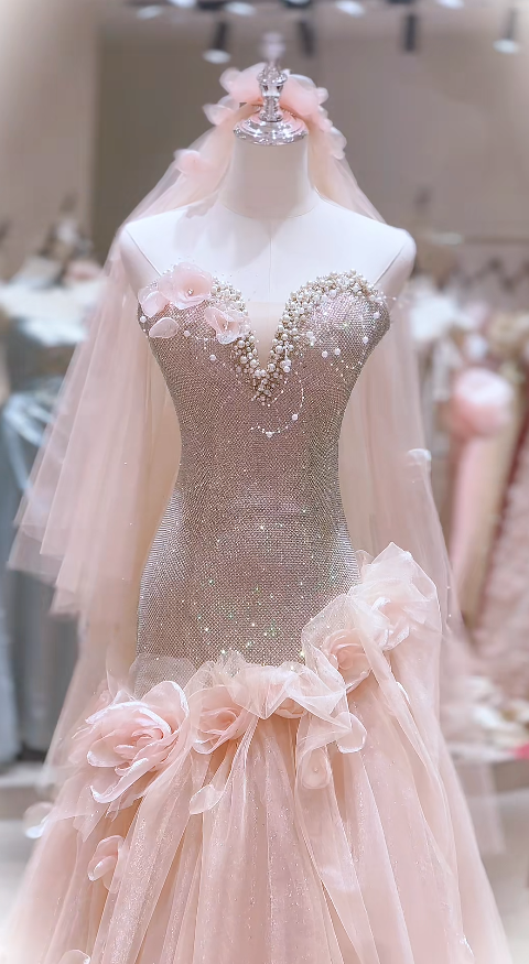 Elegant Pink Prom Dress Sheath Tulle Long Evening Dress DP07614