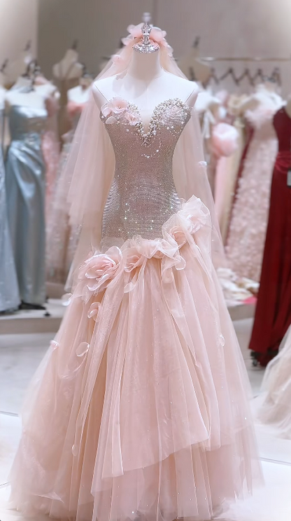 Elegant Pink Prom Dress Sheath Tulle Long Evening Dress DP07614