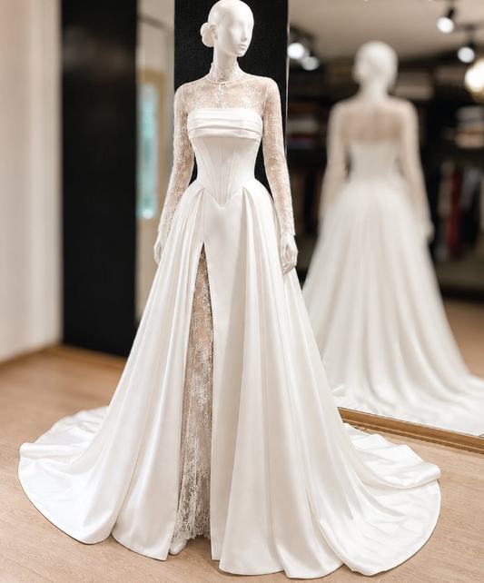 Elegant White A-Line Satin Wedding Dress for Brides DP07619