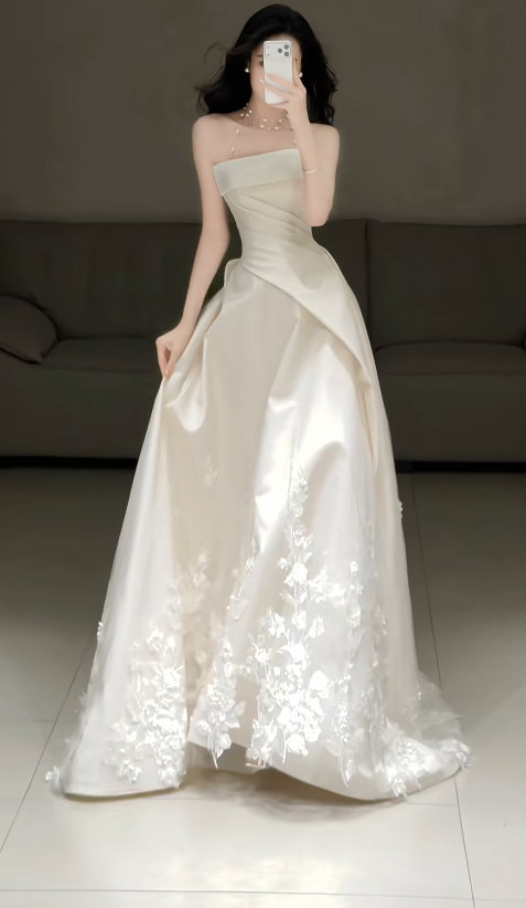 Elegant White A-Line Satin Wedding Dress for Brides DP07620