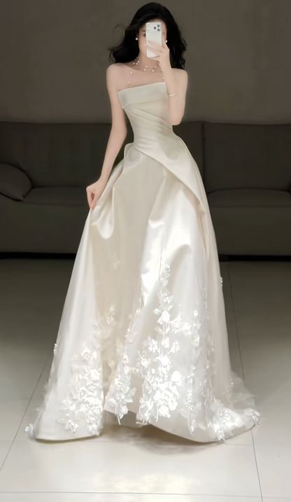 Elegant White A-Line Satin Wedding Dress for Brides DP07620