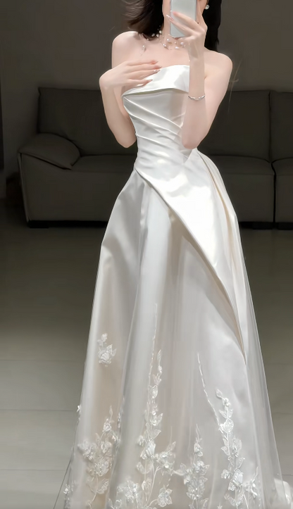 Elegant White A-Line Satin Wedding Dress for Brides DP07620