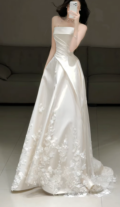 Elegant White A-Line Satin Wedding Dress for Brides DP07620