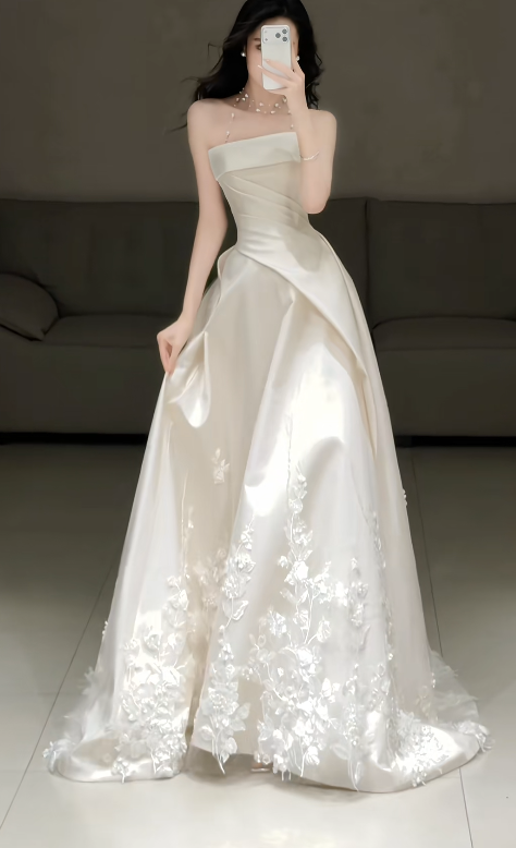 Elegant White A-Line Satin Wedding Dress for Brides DP07620
