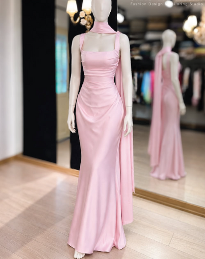 Elegant Pink Prom Dress Sheath Satin Long Evening Dress DP07621