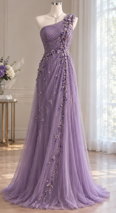 Elegant Lilac Beaded Prom Dress Sheath Chiffon Long Evening Dress DP07623