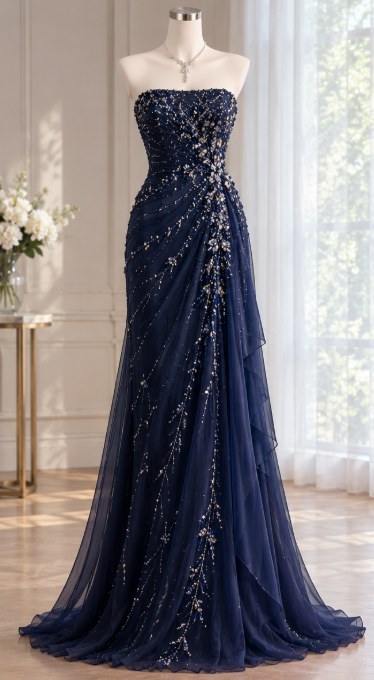 Elegant Navy Blue Beaded Prom Dress Sheath Chiffon Long Evening Dress DP07627