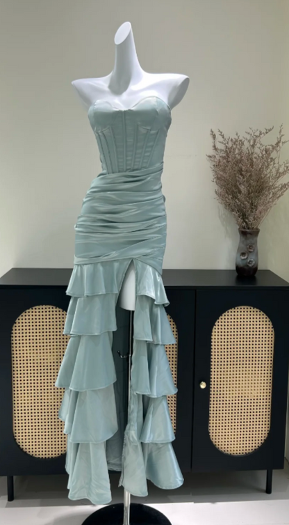Vintage Dusty Green Prom Dress Sheath Satin Long Evening Dress  DP07629