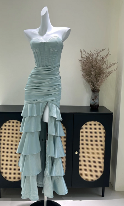 Vintage Dusty Green Prom Dress Sheath Satin Long Evening Dress  DP07629