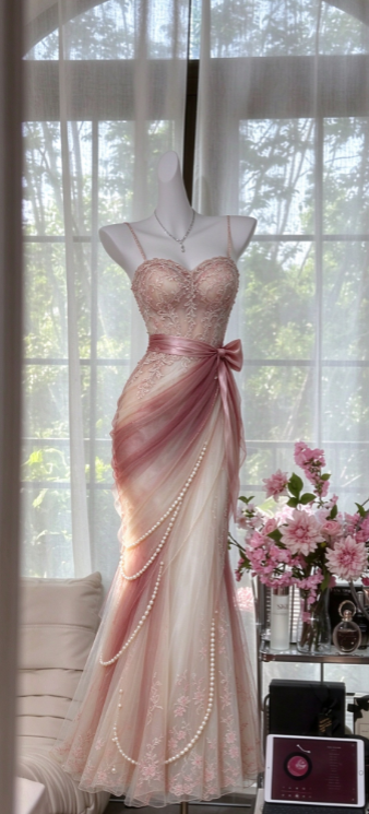 Chic Pink Prom Dress Sheath Tulle Long Evening Dress  DP07632