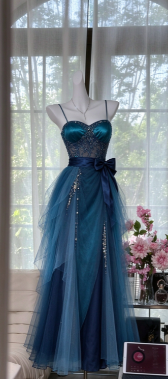 Chic Blue Prom Dress A-Line Tulle Long Evening Dress DP07637