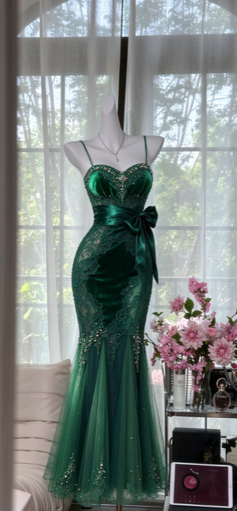 Chic Dark Green Prom Dress Sheath Tulle Long Evening Dress DP07638