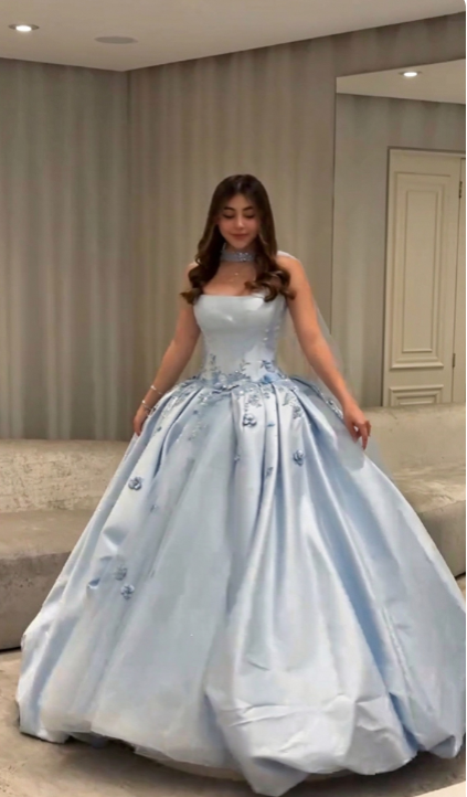 Chic Sky Blue Prom Dress A-Line Satin Long Evening Dress DP07639