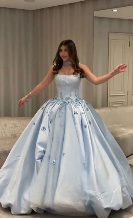 Chic Sky Blue Prom Dress A-Line Satin Long Evening Dress DP07639