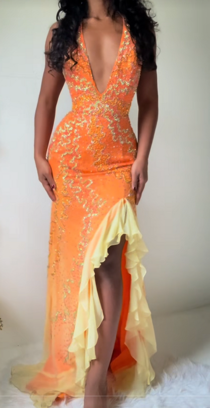 Chic Orange Beaded Prom Dress Sheath Chiffon Long Evening Dress DP07640