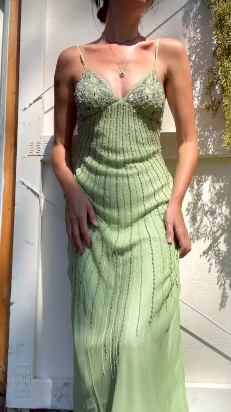 Chic Green Beaded Prom Dress Sheath Tulle Long Evening Dress DP07641