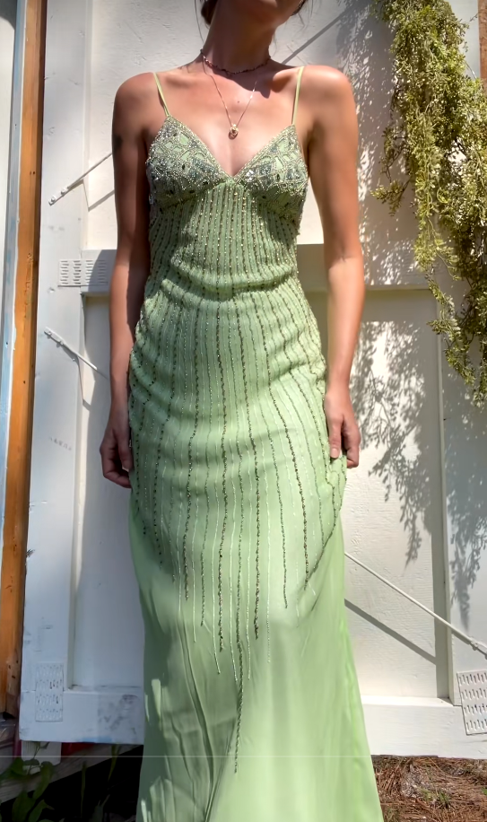 Chic Green Beaded Prom Dress Sheath Tulle Long Evening Dress DP07641