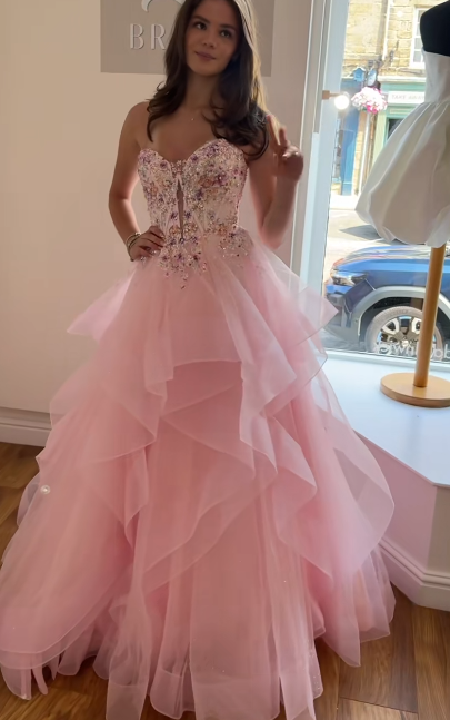 Chic Pink Prom Dress A-Line Tulle Long Evening Dress DP07648