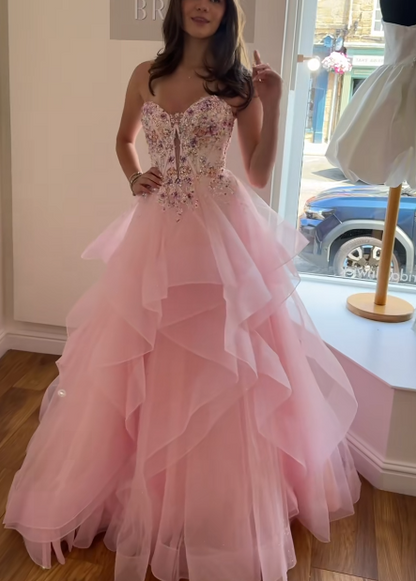 Chic Pink Prom Dress A-Line Tulle Long Evening Dress DP07648