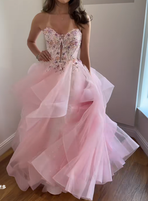 Chic Pink Prom Dress A-Line Tulle Long Evening Dress DP07648