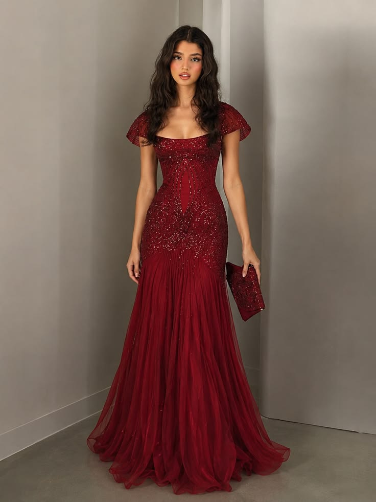 Chic Burgundy Prom Dress Sheath Tulle Sequins Long Evening Dress DP07652