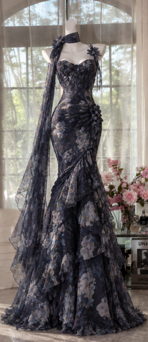 Chic Navy Blue Floral Prom Dress Sheath Chiffon Long Evening Dress DP07671