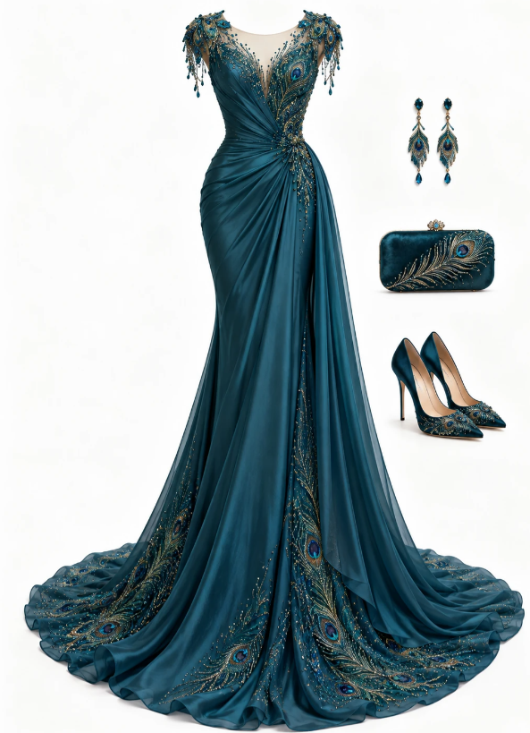 Chic Peacock Blue Prom Dress Sheath Satin Long Evening Dress DP07672