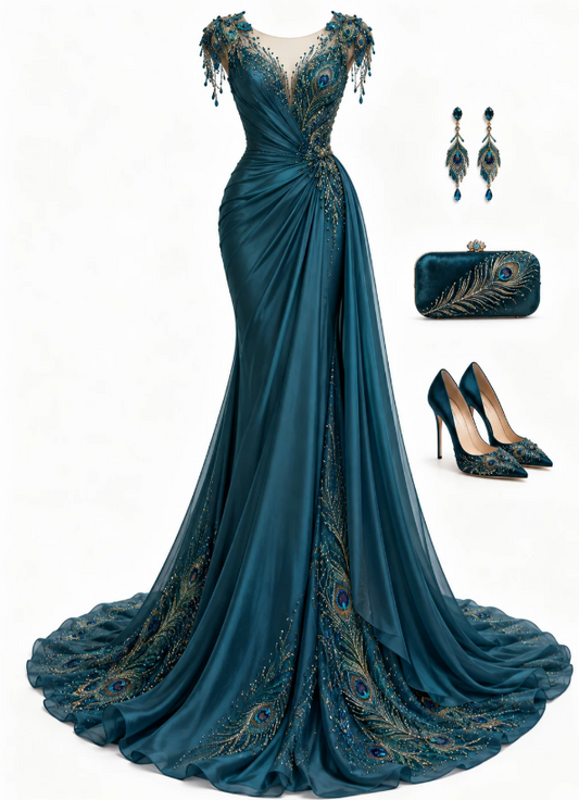 Chic Peacock Blue Prom Dress Sheath Satin Long Evening Dress DP07672
