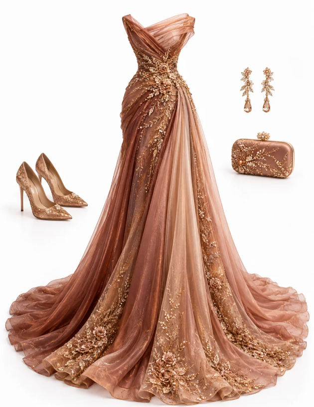 Chic Rose Gold Prom Dress Sheath Tulle Long Evening Dress DP07675