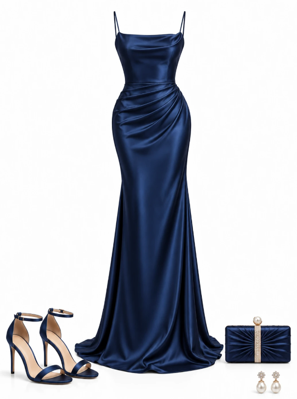 Chic Navy Blue Prom Dress Sheath Satin Long Evening Dress DP07679