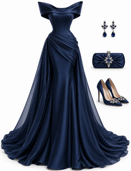 Chic Navy Blue Prom Dress A-Line Satin Long Evening Dress DP07680