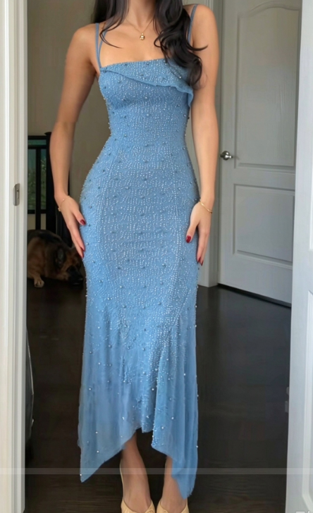 Chic Blue Prom Dress Sheath Chiffon Long Evening Dress DP07689